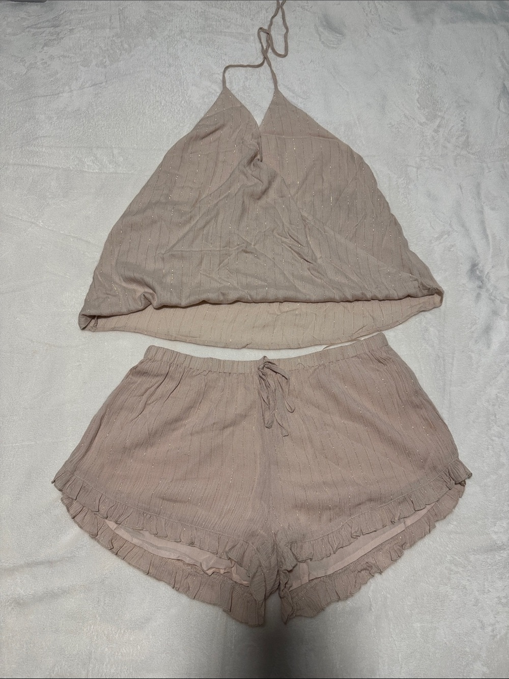 Cotton Candy LA Tan Metallic Stripe Halter & Ruffle Shorts Set